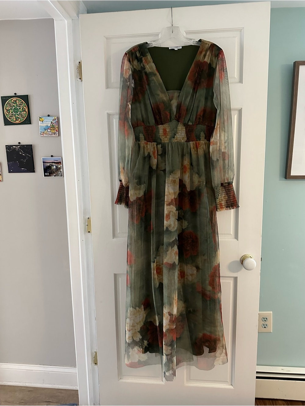 Baltic Born Olive Sheer Floral Long Sleeve Maxi Dress with Rust Accents